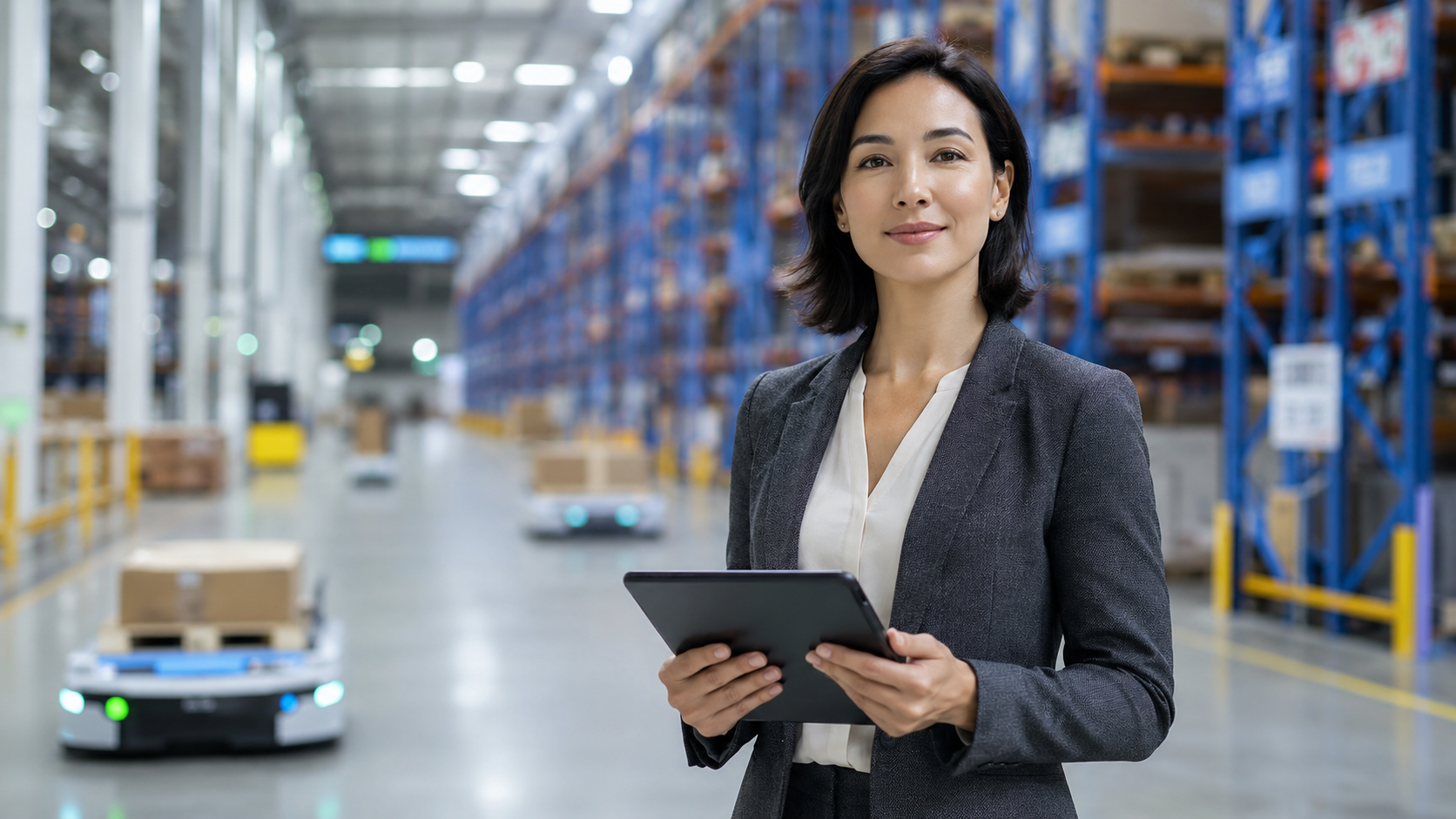 Profesional de Supply Chain con tablet en un almacén automatizado